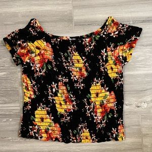Nordstrom black smocked top with colorful flowers